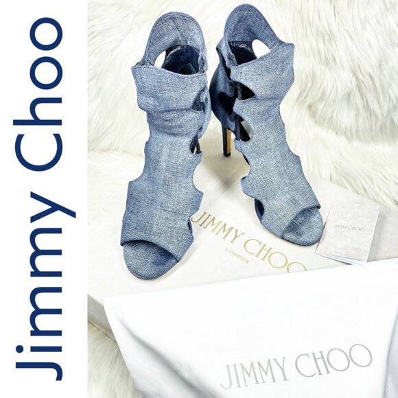 JIMMY CHOO BLUE DENIM LUCKY PEEP TOE HEELS CUT OUT DETAIL, EU 37 - Picture 11 of 12